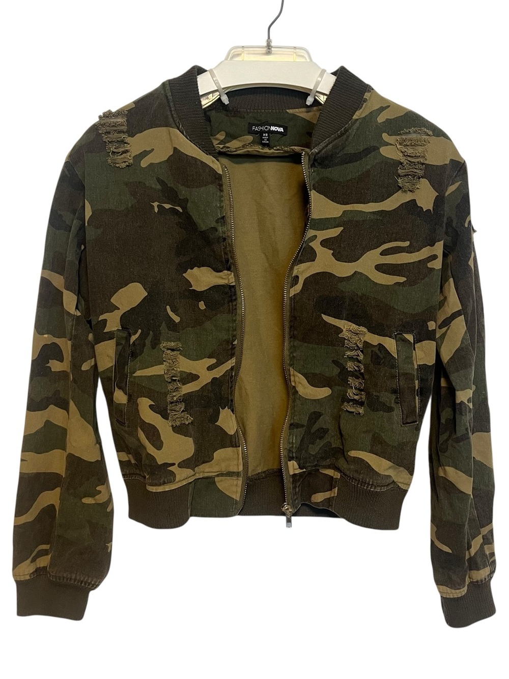 FASHION NOVA Camo Distressed Bomber Jacket - Size XS - - Picture 3 of 15